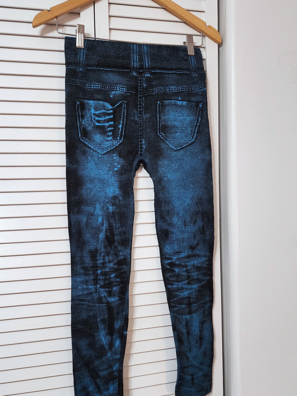 Blue Distressed Jeggings - Stretch Denim-Look Leggings, High Waisted - Picture 6 of 9